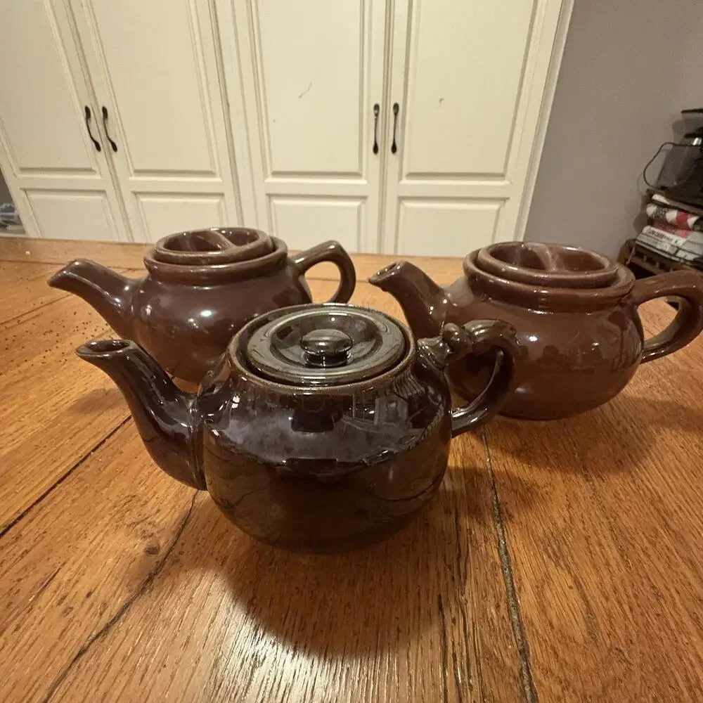 Brown Glaze Teapots Rustic‎ Vintage Unmarked Trio Mix And Match Cottage Cozy Tea